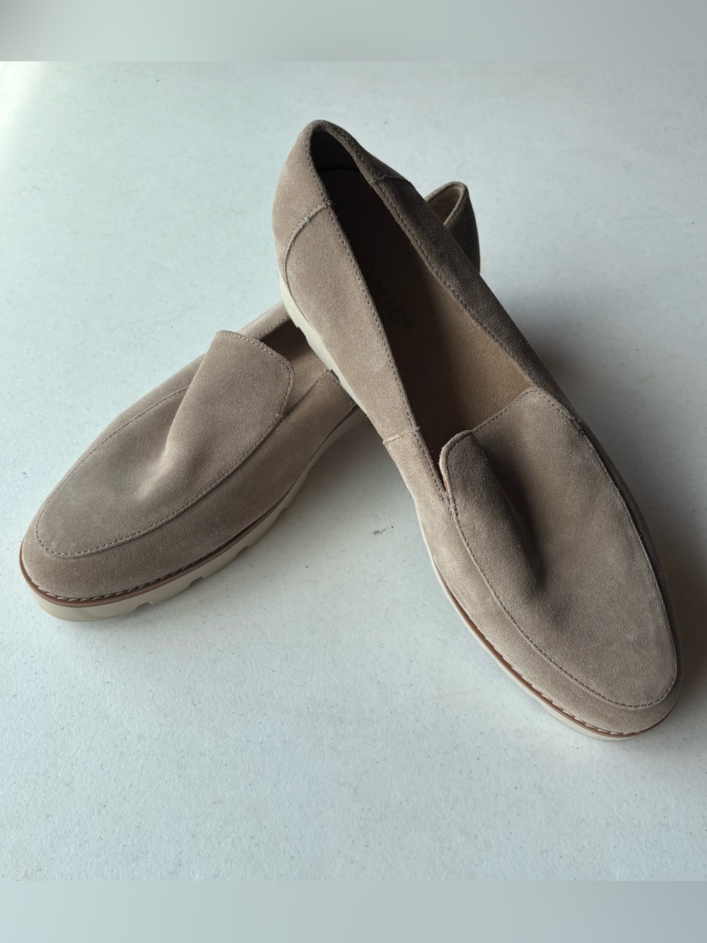 Vionic Suede Loafers Womens 9.5 M Taupe Lug Sole Comfort Slip On Shoes NEW